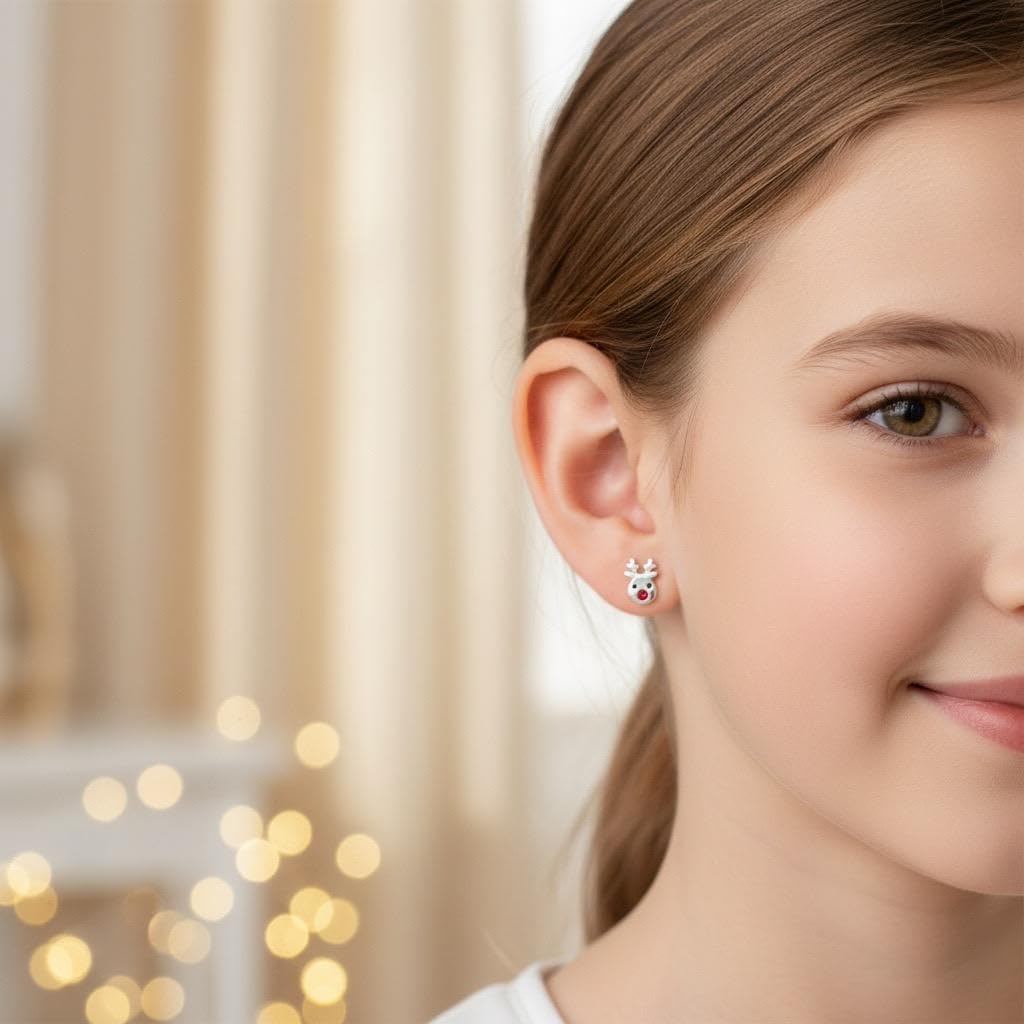 925 Sterling Silver Set of 4 Pairs Christmas Set Crystal Red nose Rudolph Reindeer, Crystal Candy Cane, Santa Claus, Snowman Stud Earrings (Nickel Free) - Image 4