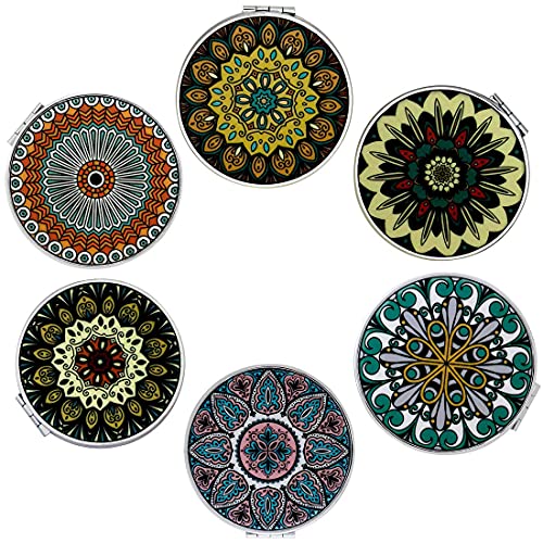 Beaufy Espejos Portátil Bolsillo de Viaje Plegable Mini Espejo de Bolso Pequeño Compacto con Aumento 1x 2X de Mano Vintage Makeup para Mujer Niña Hombres Diseño de Mandala en Relieve Paquete de 6 Cover