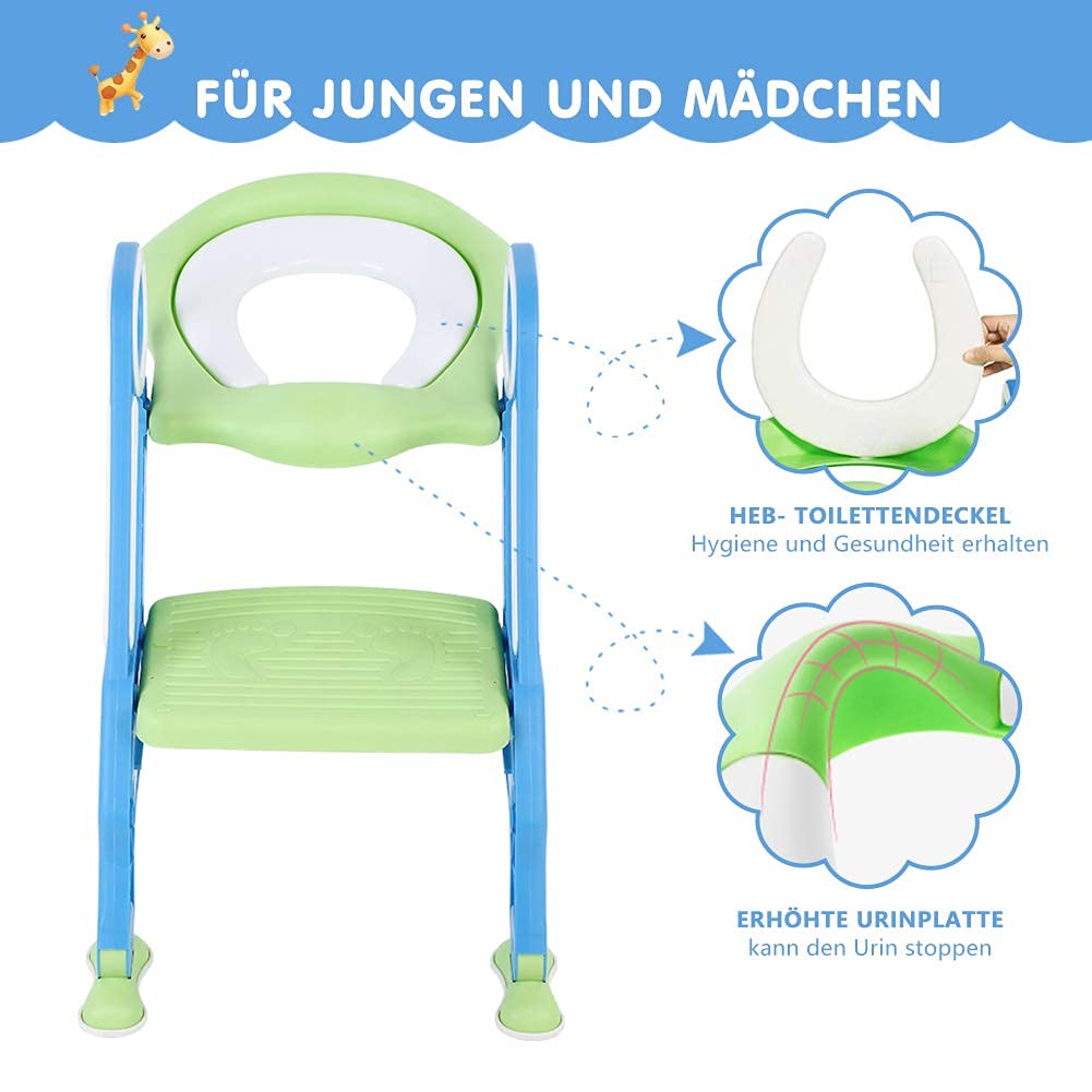 Adaptador WC Niños con Escalera, Asiento de inodoro para niños con orinal con escalera(Blau)