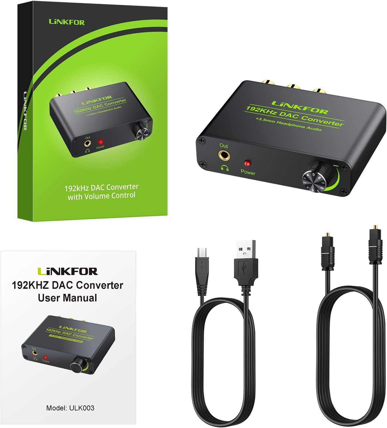 LiNKFOR 192kHz DAC Converter with Volume Control Support Dolby AC-3/DTS 5.1 CH Digital Optical Coaxial SPDIF Toslink to Analog Stereo L/R RCA 3.5mm Jack Audio Adapter Compatible with HDTV PS3 PS4 DVD