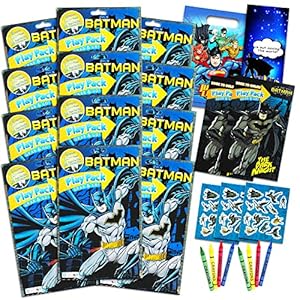 DC Comics Batman Party Favors Pack ~ Bundle of 12 Batman Play Packs Filled with Stickers, Coloring Books, Crayons with Bonus Loot Bags, Harley Quinn Patches, and Door Hanger (Batman Party Supplies)
