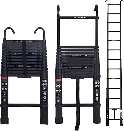 Escalera de extensión telescópica de aluminio de 12.5 pies, escalera plegable para ático con 2 ganchos desmontables, correa de seguridad