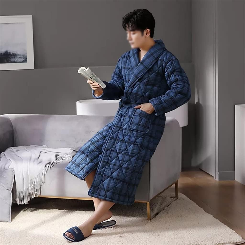 Plaid Robe Autumn Winter Thick Long Bathrobes Man Cotton Soft Dressing Gown Breathable Kimono Bath Plus Size