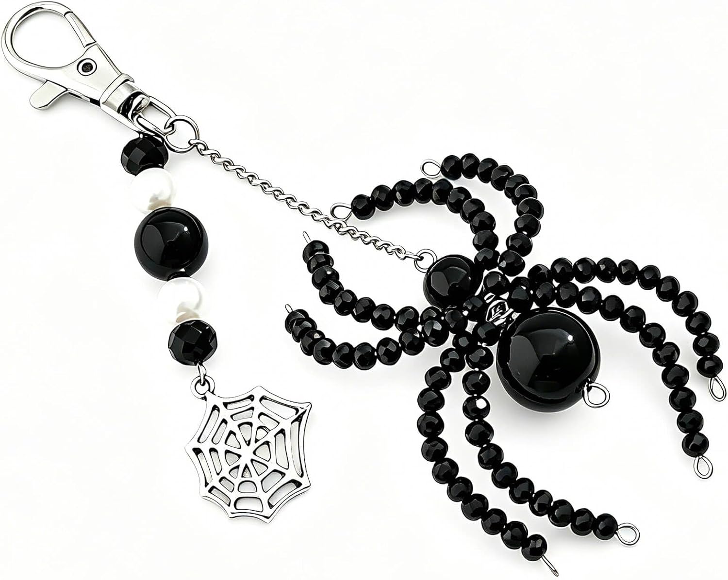 Halloween Bag Charm with Faux Pearl Spider Silver Web