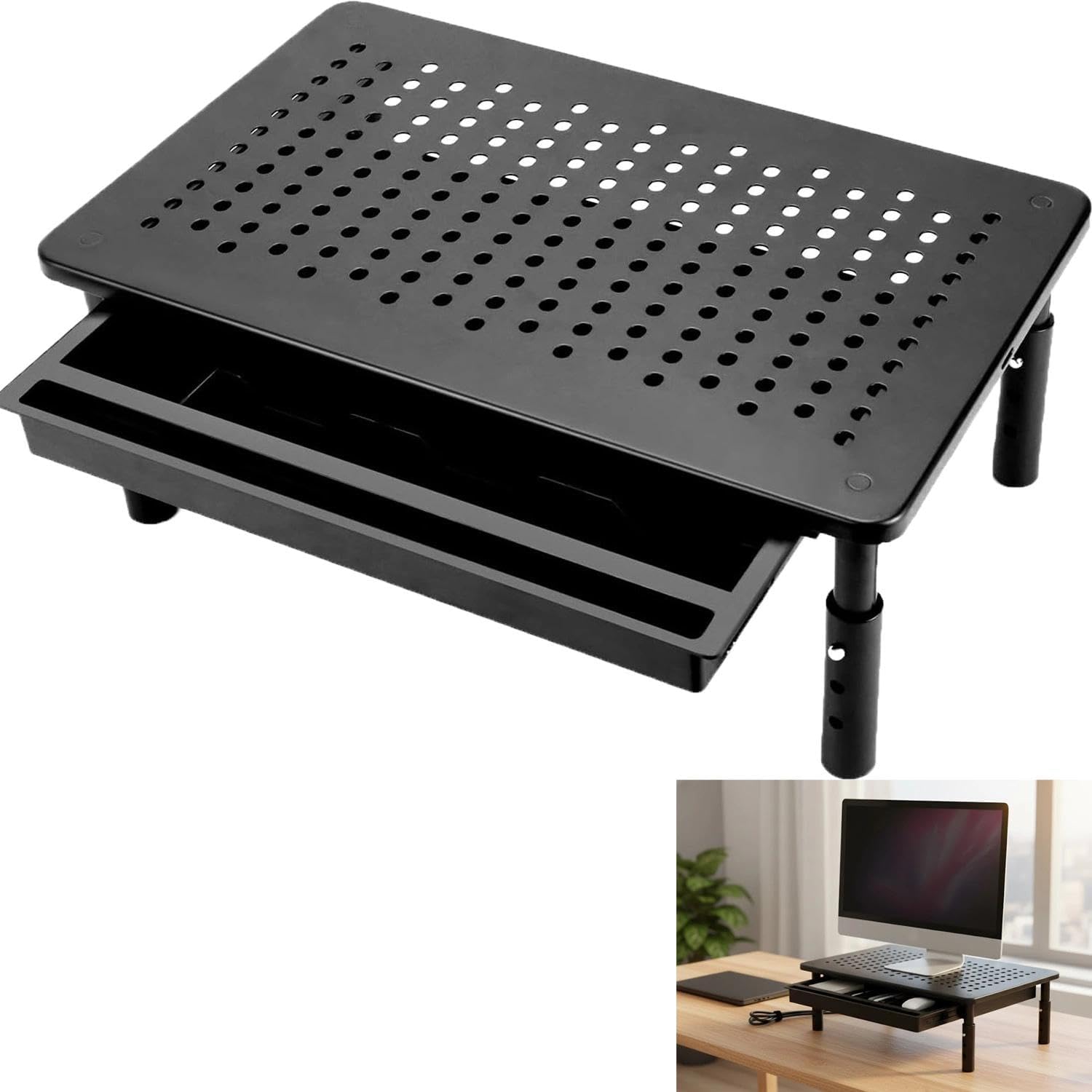 Soporte de Monitor,Soporte de Monitor con Cajón Negro 37x23.5cm,Soporte para Portátil de Escritorio Elevador de Monitor,Accesorio de Escritorio y CREA Orden,Ahorra Espacio para la Oficina y el Hogar