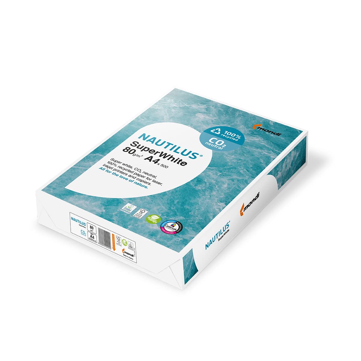Neusiedler Mondi Recycling-Papier premium, Druckerpapier Nautilus Superwhite: 80 g/m², A4, 2500 Blatt (5x500), matt, ungestrichen, hochweiß, 88020366