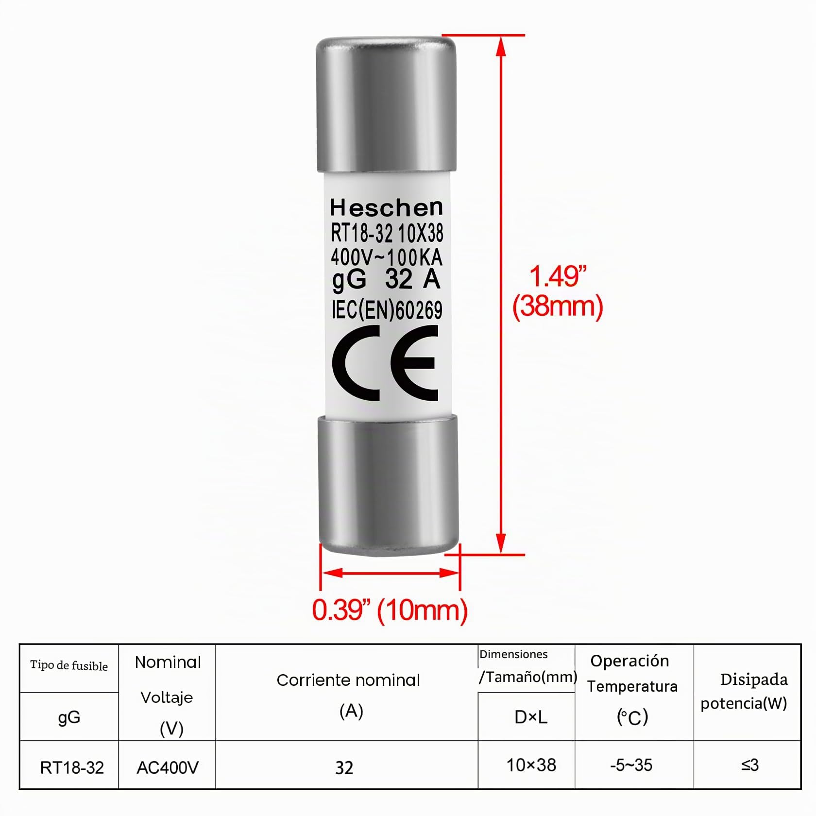 Heschen - Fusible cilíndrico de cerámica, RT18-32 (RO15), 10 x 38 mm, 32A 400V, CE, paquete 10 unidades