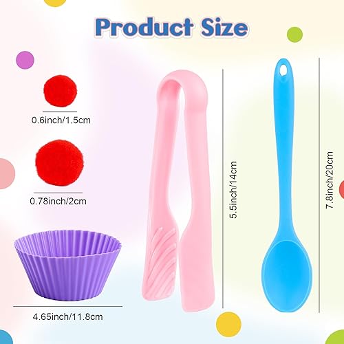 Vista 11 de 114 piezas de relleno sensorial de habilidades motoras finas, incluye 10 cuencos de clasificación, 100 pompones, 2 pinzas, 2 tijeras de cuchara