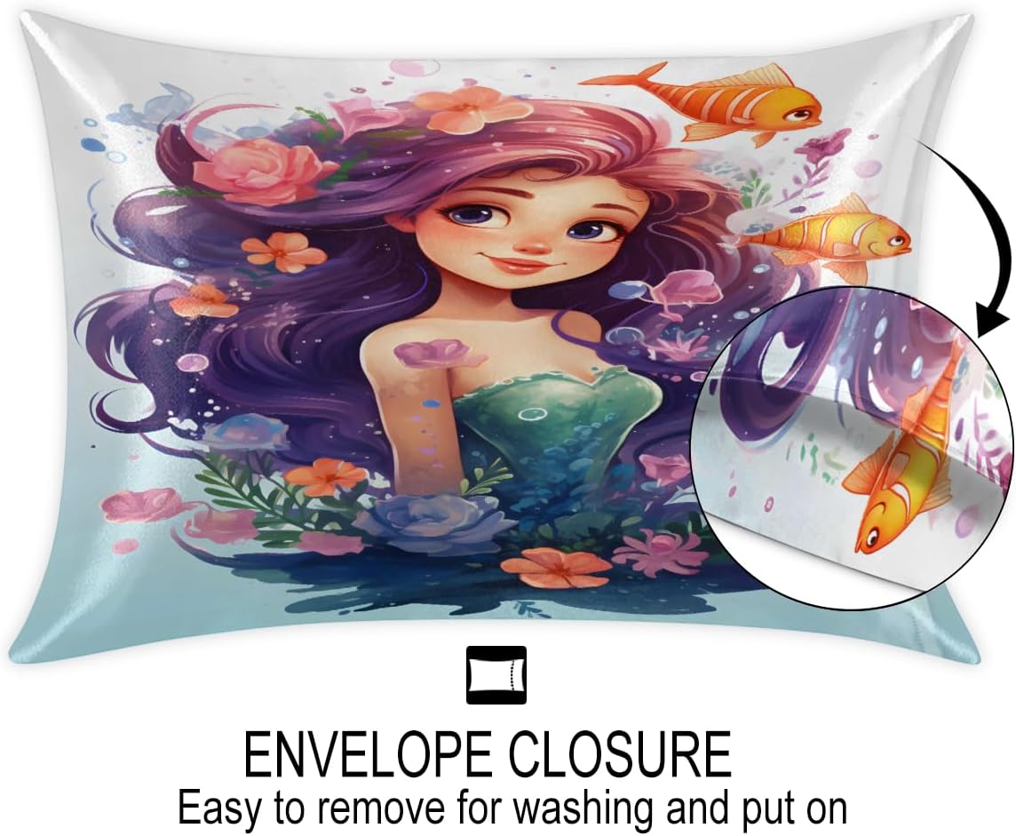 Silk Pillowcase for Hair and Skin, 2 Pack Cooling Silk Pillow Covers for Sleeping Pretty Mermaid Girl Soft Breathable Smooth Satin Pillow Case,Gold Fish (20x40, King Size)