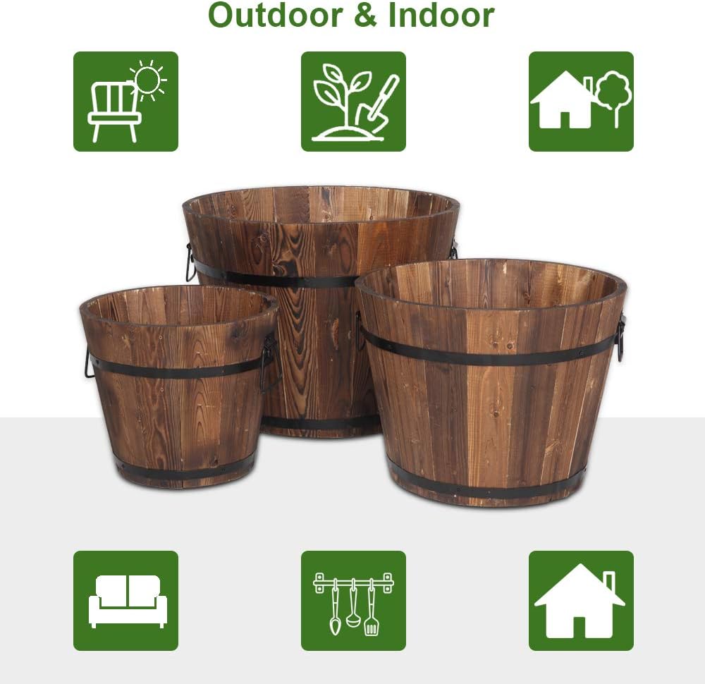 3 Pcs Wooden Planter Barrel Set, Wooden Bucket Barrel Planters, Rustic Patio Real Wood Indoor/Outdoor Flower Pot w/Drainage Holes, Different Sizes, Large Garden Container Box for Plants Indoor Décor
