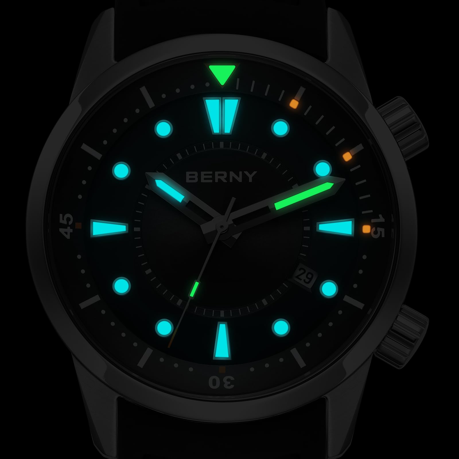 BERNY Relojes Mecánicos Automáticos Se Pulsera para Hombres Dive Relojes De Pulsera con Corona De Tornillo 20ATM Impermeable Hv600 Ddureza Correa De Silicona De Vidrio Zafiro Súper Luminosa