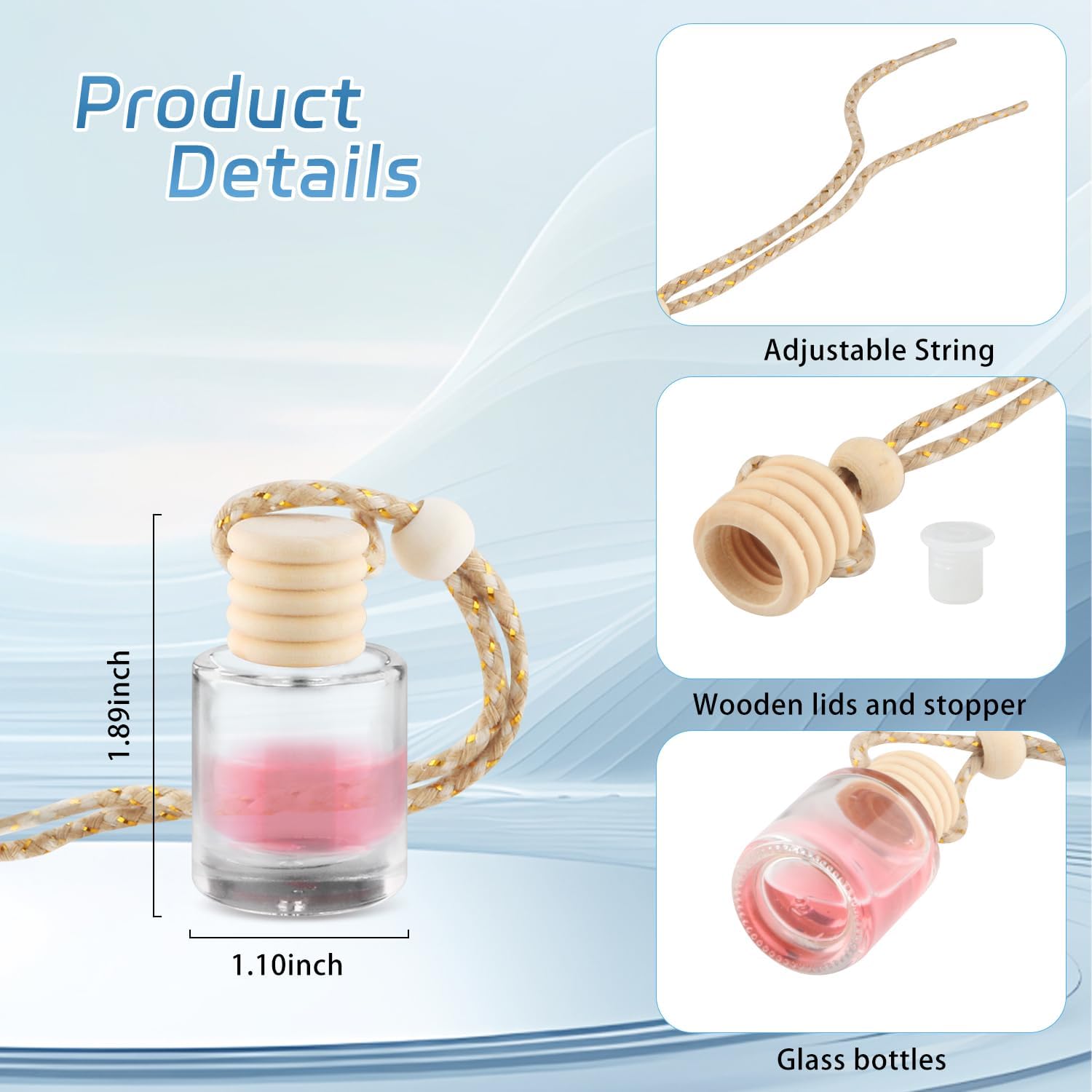 24 Pcs Black Car Hanging Air Fresheners Empty Glass Diffuser Bottles Pendant Perfume Bottle For Essential Oil Fragrance Aromatherapy Auto Interior Ornaments Decor (Cylinder-Clear)