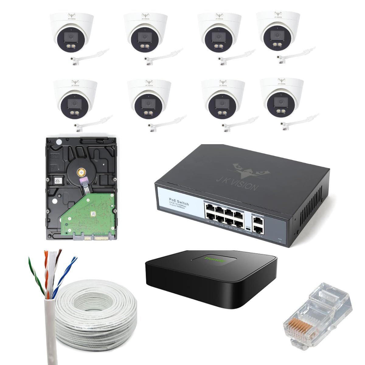 JK Vision 5MP CCTV IP Camera Full Set, 8 Dome, 10 Channel NVR, 8 Port JK Vision POE, 1TB Hard Disk, Cat6 Cable, 16 RJ45 Connector