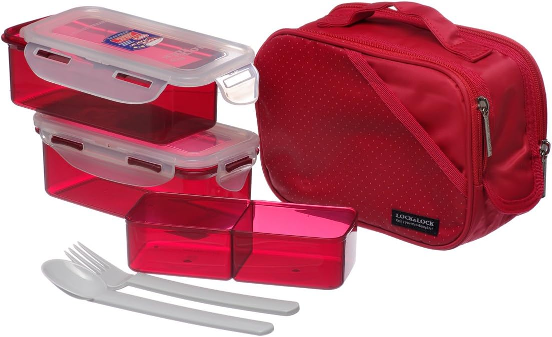 Lock & Lock Bento Lunch Box Set w/spoon&fork Insulated BagHPL762DR (Red)