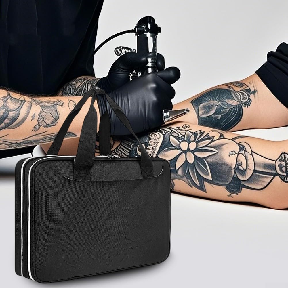 Trousse de rangement pour outils de tatouage avec double couche de rangement, sangles internes fixes et poignées portables pour la protection des machines et accessoires