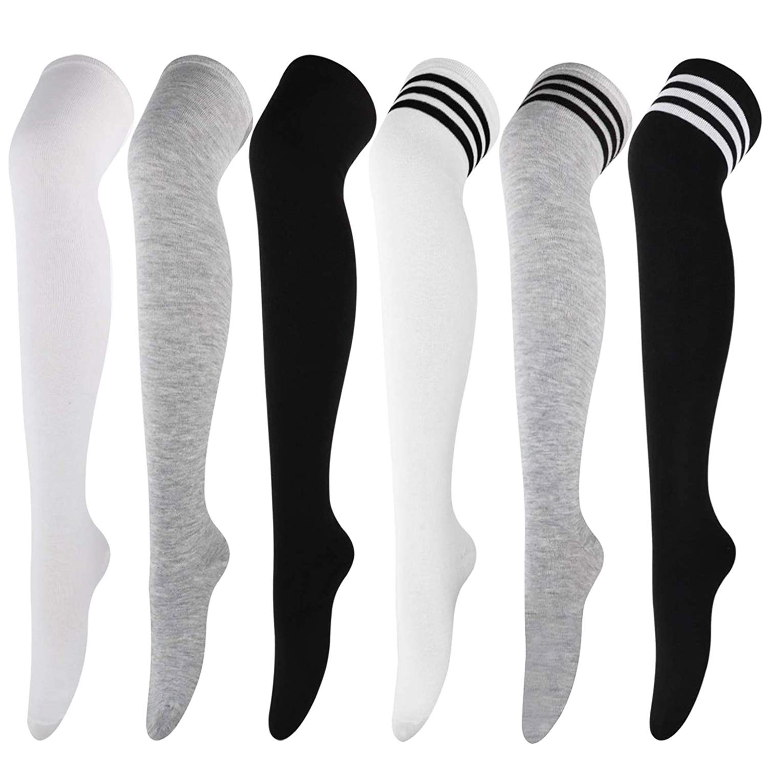 DRESHOW 6 Pairs High Thigh Socks Striped Over Knee Thin Tights Long Stocking for Women Leg Warmer - 6 Pairs Over Knee: White, Grey, Black