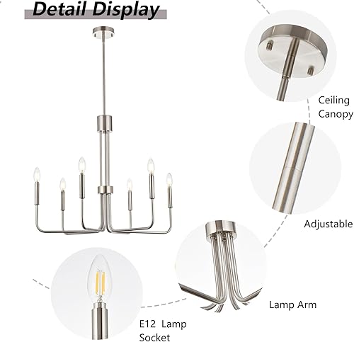 Miniatura 5 de Candelabro de níquel cepillado, 6 luces de granja para comedor, candelabro de metal cromado, lámpara colgante de techo de 28 pulgadas para cocina,