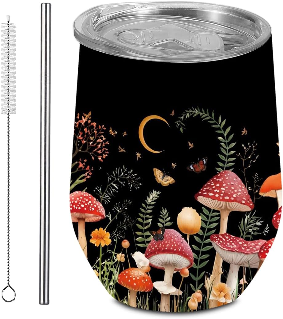 Mushroom Gifts Wine Tumbler With Lid and Straw, 12 OZ Stainless Steel Tumbler, Butterfly Favors Insulated Coffee Cup, Travel Mug Weekend Gifts for Friendship Vacation Bachelorette Party, Black