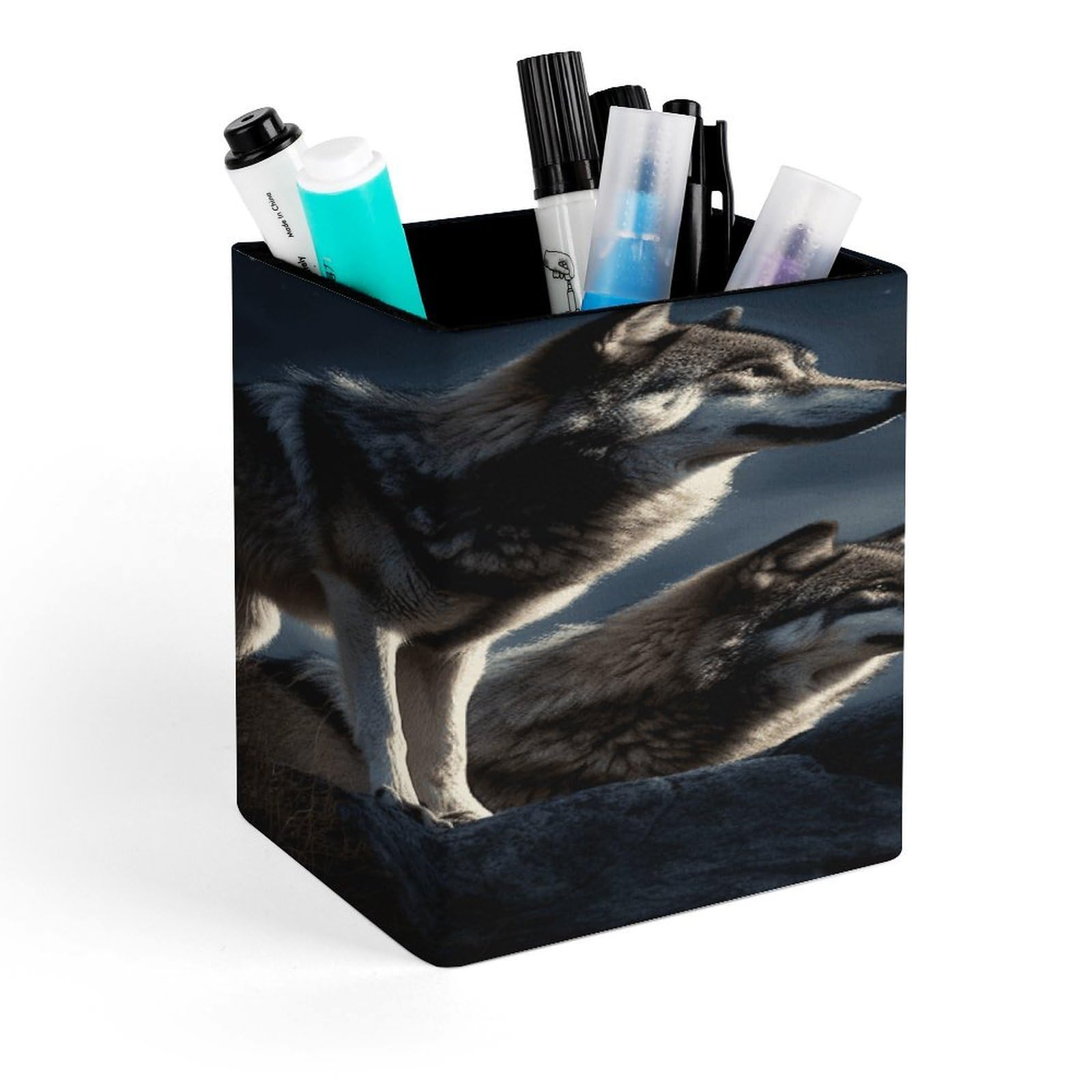 FekiLoot Wolves in The Moonlight Pen Holder Personalized Desktop Pencil Holders Case Office Accessories Container Box for Square Pen Cup Desktop Organizer Makeup Brush Holder Caddy Storage