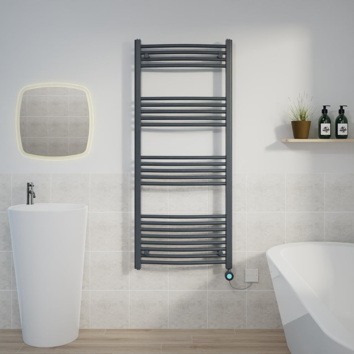 Warmehaus Electric Heated Towel Rail Curved Anthracite Thermostatic Bathroom Towel Radiator with Timer - 1400x600mm 800W — image 1