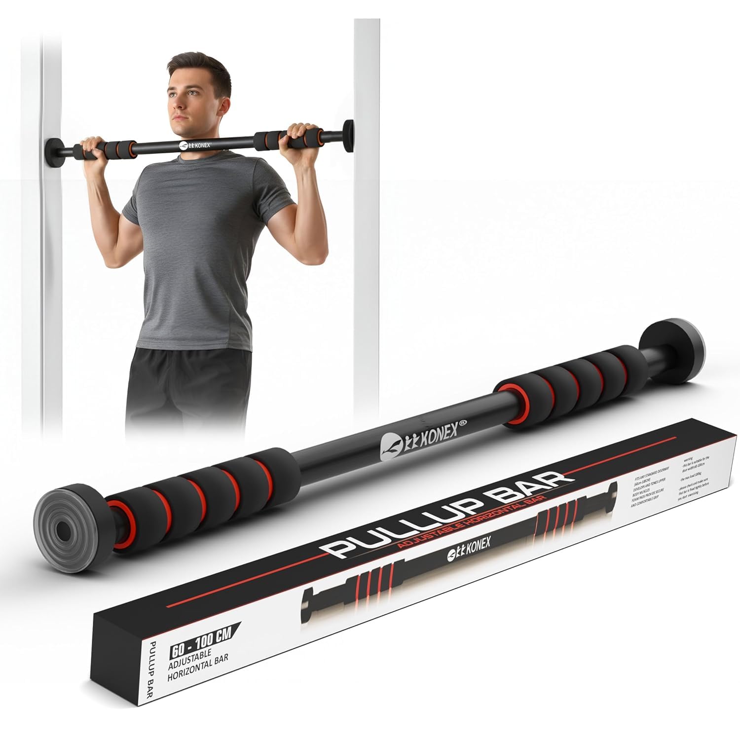 Konex Pull Up Bar for Home | Adjustable Hanging Bar (60-100cm) with Soft Anti-Slip Grip, 100 | Solid