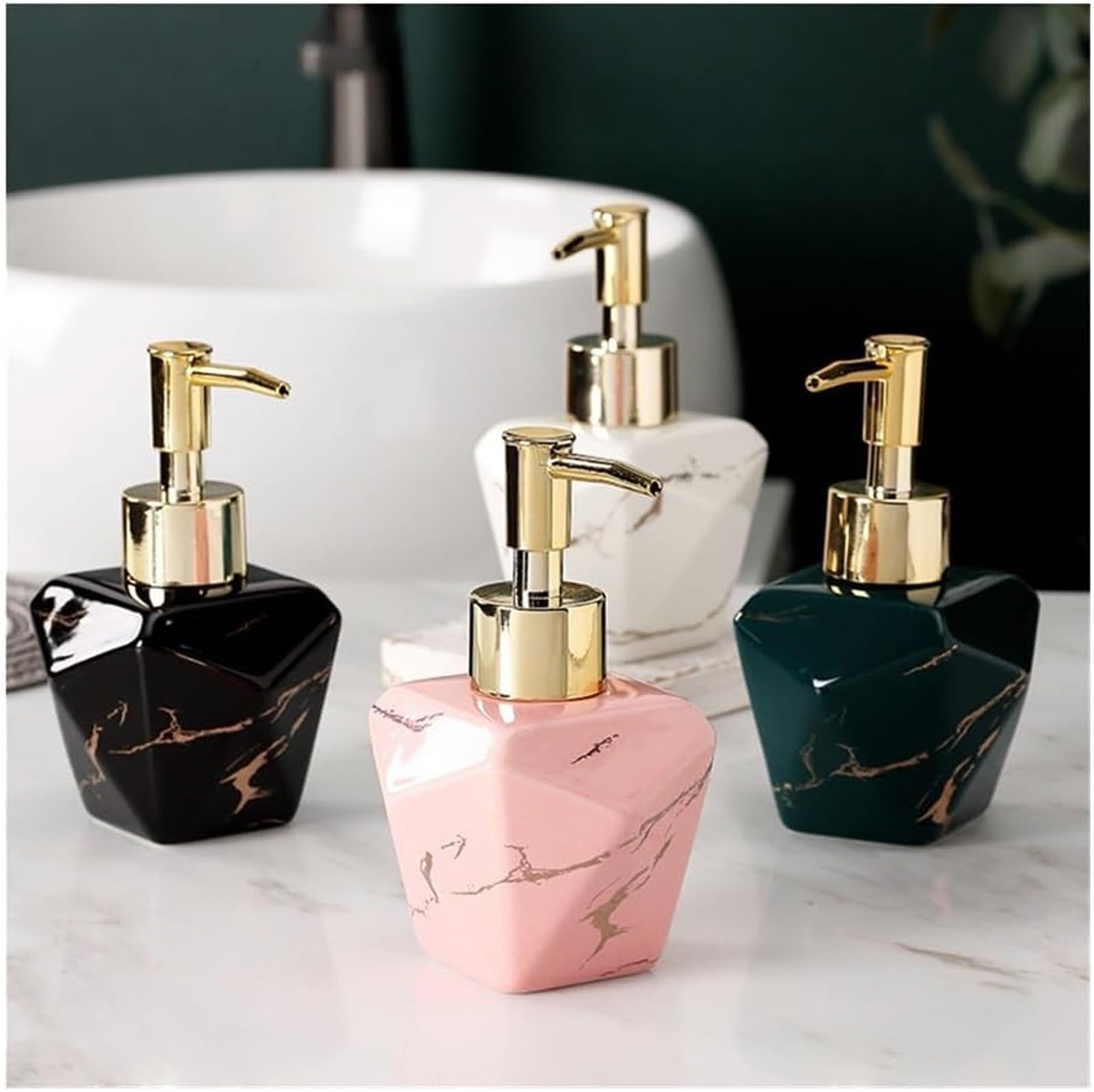 Dispenser di sapone piccolo da banco per bagno e cucina, moderno stile marmo a strisce, in ceramica, dispenser di sapone con pompa (verde)