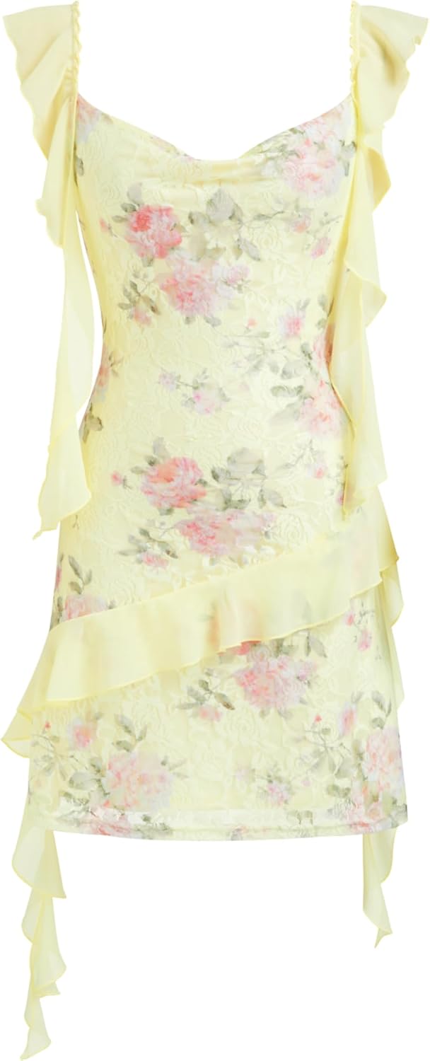 CIDER Women's Floral Mini Dress Ruffle Cowl Neck Cute Summer Dresses Wedding Guest Dress Trendy Date Vacation Outfits