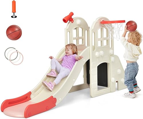 FUTADA - Juego de tobogán 6 en 1 para niños pequeños, para interiores y exteriores, con aro de baloncesto, lanzamiento de anillo, telescopio, gatear