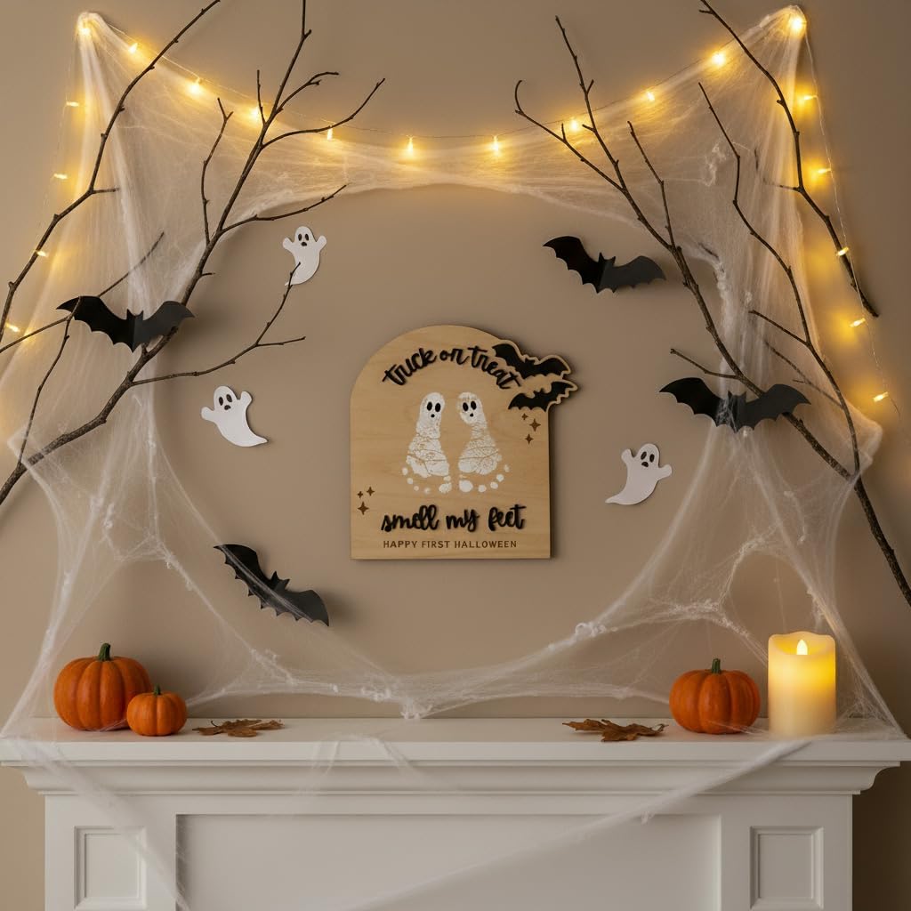 Baby's First Halloween Wooden Keepsake Sign, DIY Footprint Art Milestone Card, Wall Hanging Nursery Decor, Funny Trick or Treat Smell My Feet Photoshoot Prop Gifts 2026