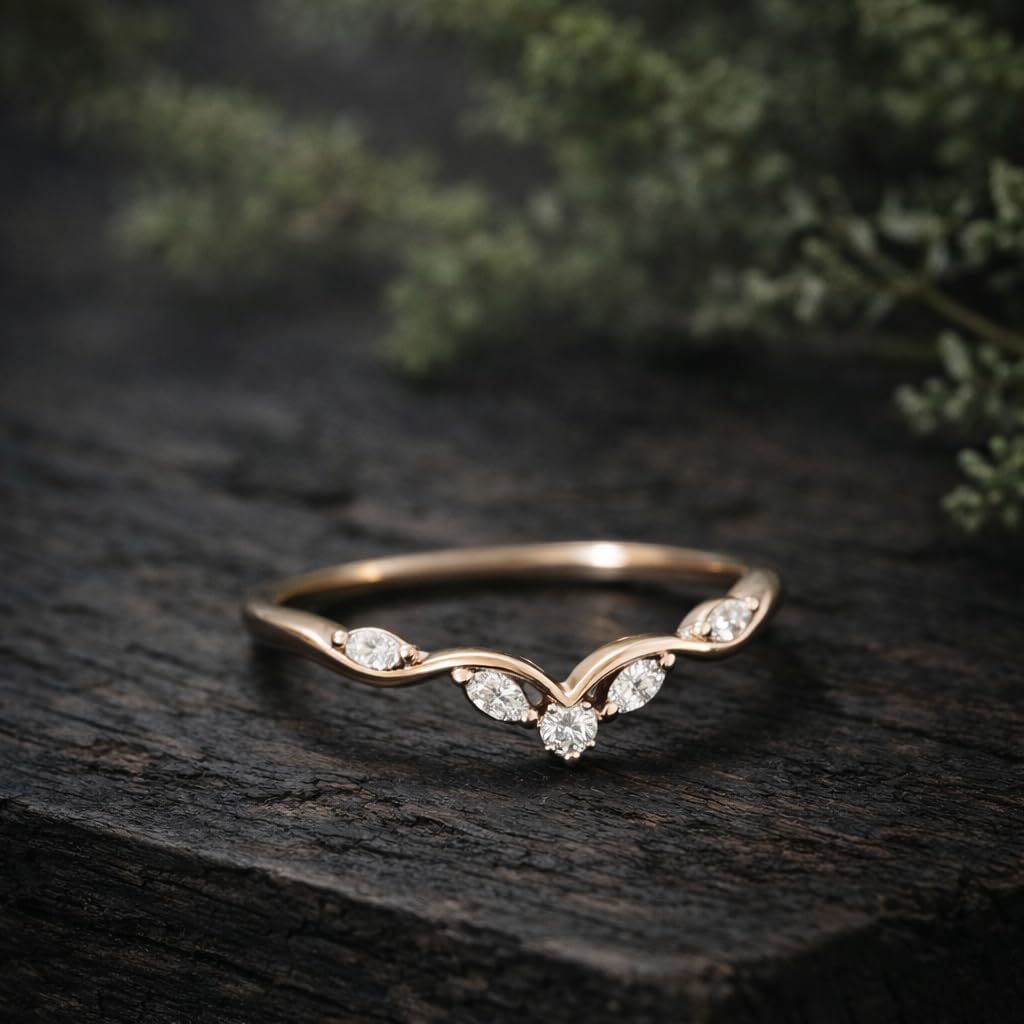 V Shape Chevron Diamond Band Engagement Ring 14K Solid Gold, Milgrain Diamond Wedding Band, Curved Wishbone Ring Dainty Promise Gift For Love
