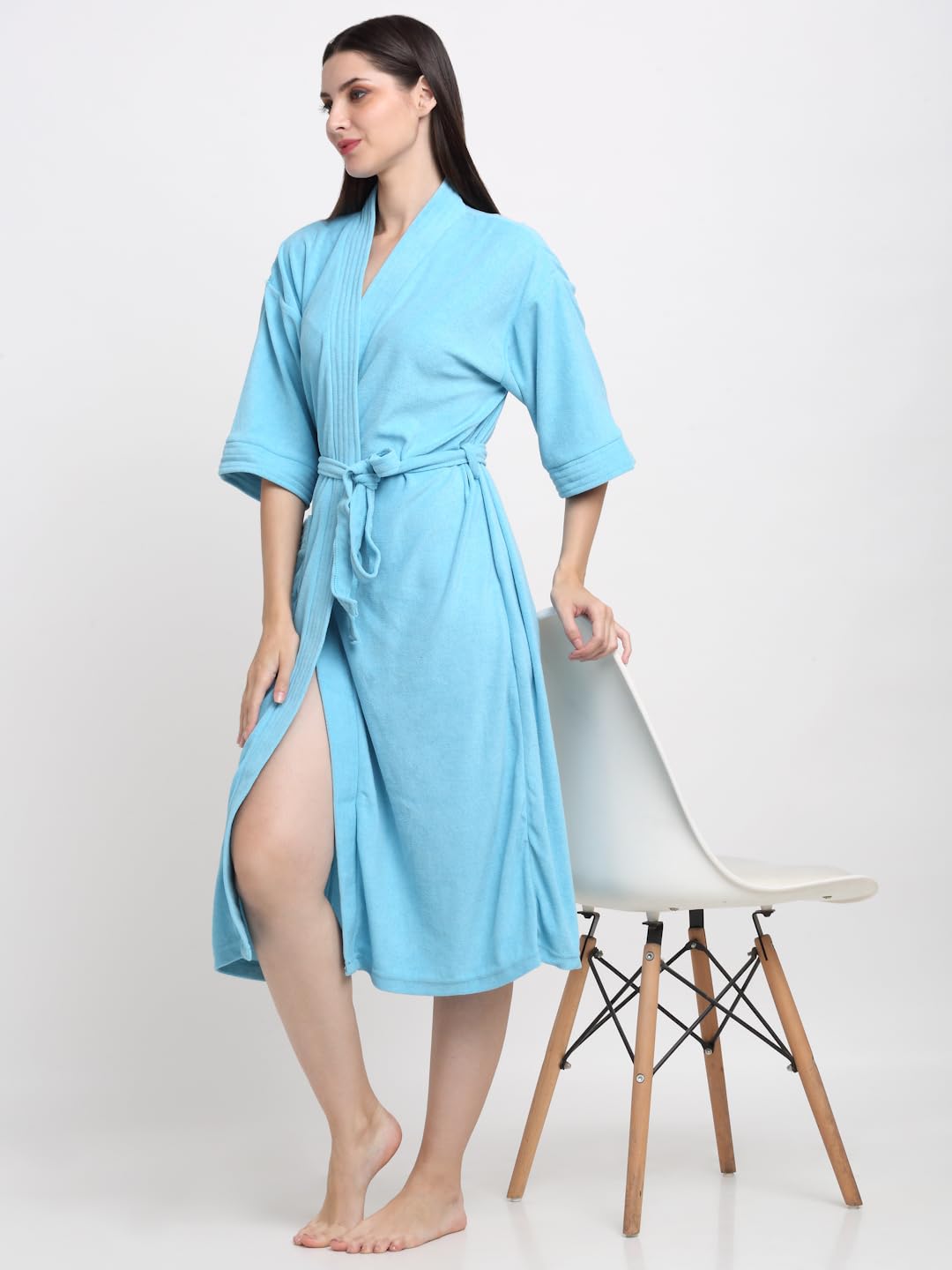 CREEVA Everyday Unisex Micro Terry Bathrobe Collection With kimono collar and 1 Pocket, 3/4 Sleeve Bath Robe Super Soft Light Weight - Ocean Blue - Image 4 thumbnail