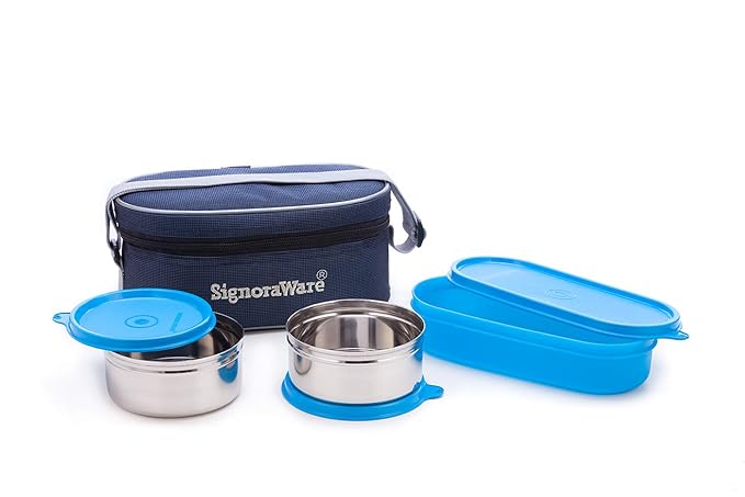 Signoraware Double Decker Stainless Steel Lunch Box Set with Bag, 3-Pieces, Blue