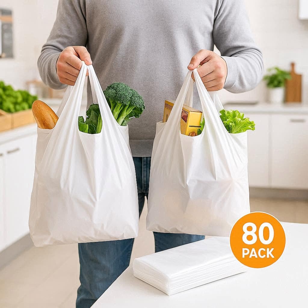 Sabco - Lot de 80 sacs de transport en plastique très solides blancs avec poignées - 13 x 19 x 23" - 800 sacs/carton - Sacs de transport idéaux pour les courses, à emporter et pour le congélateur (5)