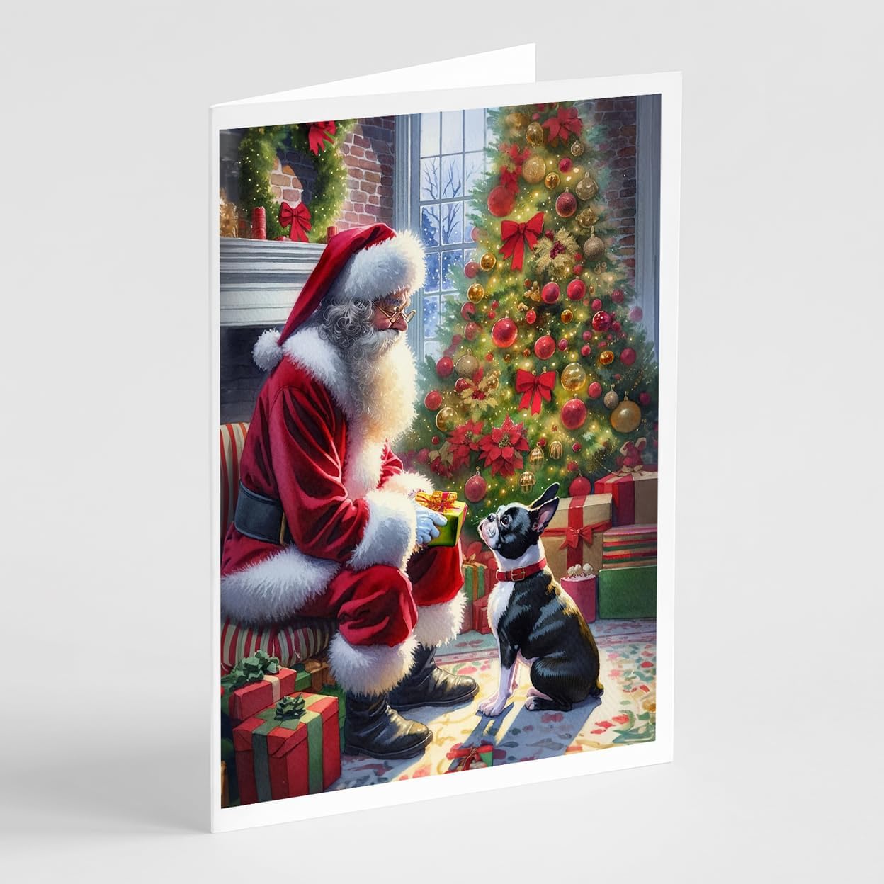 Caroline's Treasures DAC4078GCA7P Boston Terrier and Santa Claus Greeting Cards Pack of 8 Blank Cards with Envelopes Whimsical A7 Size 5x7 Blank Note Cards