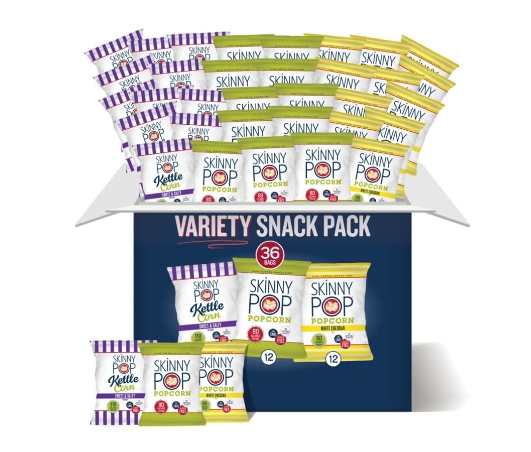 Bulk Popcorn, Skinny Popcorn Individual Bags Variety Pack - 36 Packs of 3 Flavors