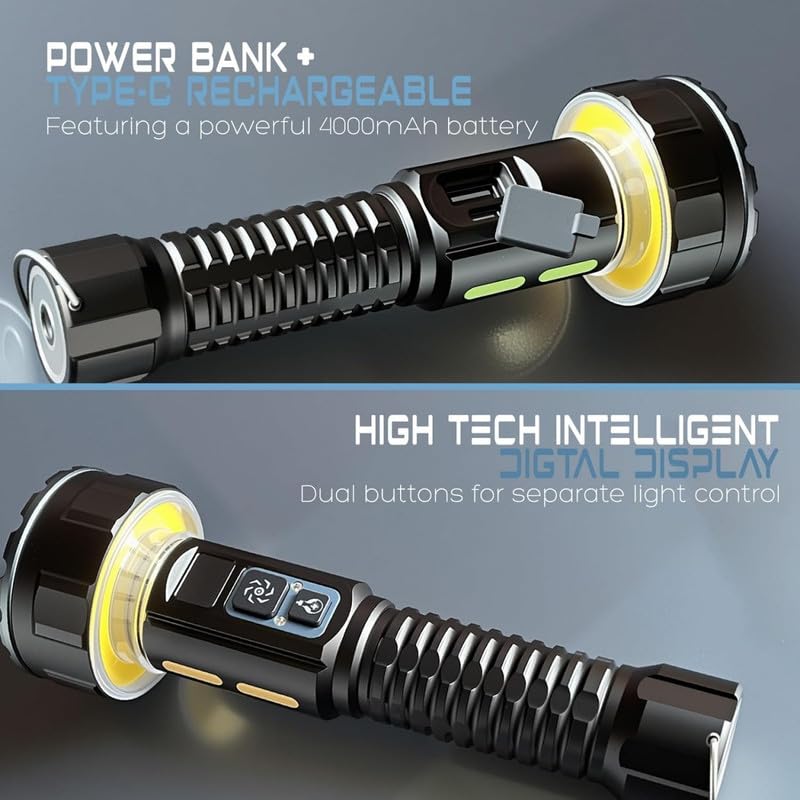 Torcia elettrica ad alta luminosità 3500LM/4000mAh ricaricabile/COB luce da campeggio per emergenza/escursionismo/casa multi-modalità tattica tipo (compatta). Nero.