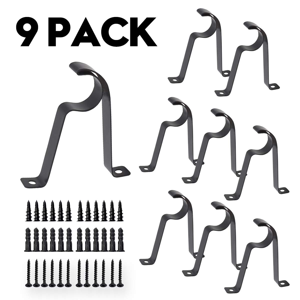 AddGrace 9 Pieces Single Curtain Rod Brackets for 1 inch Rod Metal Curtain Rod Holder (Black)