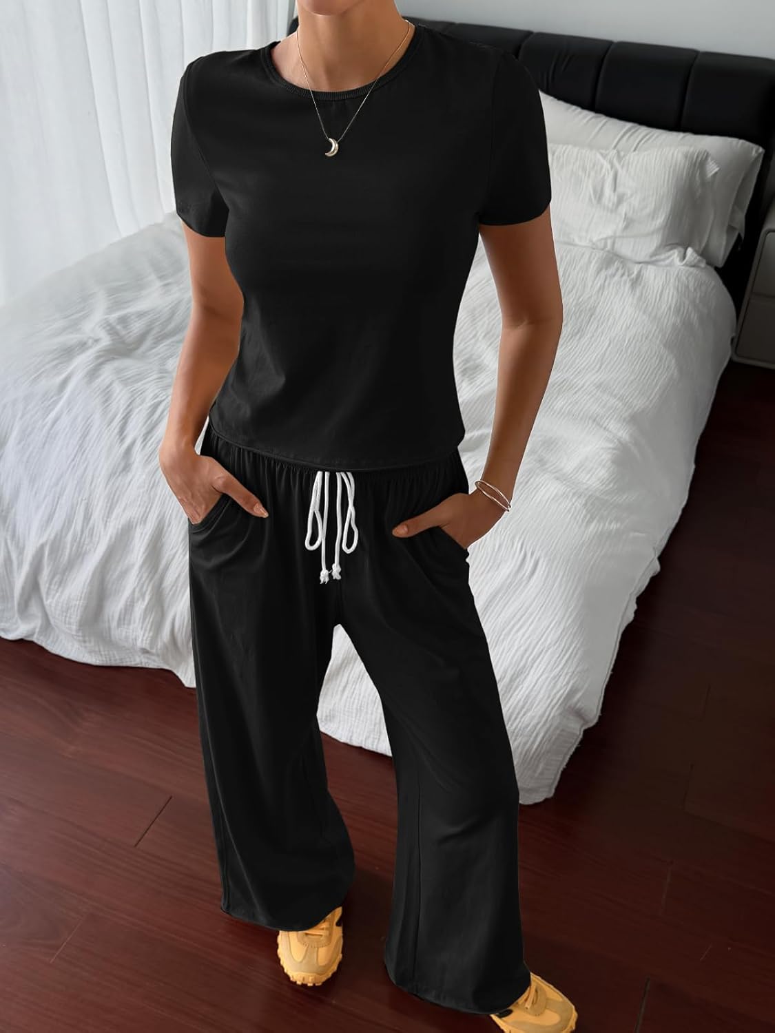 Fisoew Women 2 Piece Lounge Sets 2026 Casual Summer Outfits Short Sleeve Crop Tops Wide Leg Sweatpants Tracksuit - Image 4