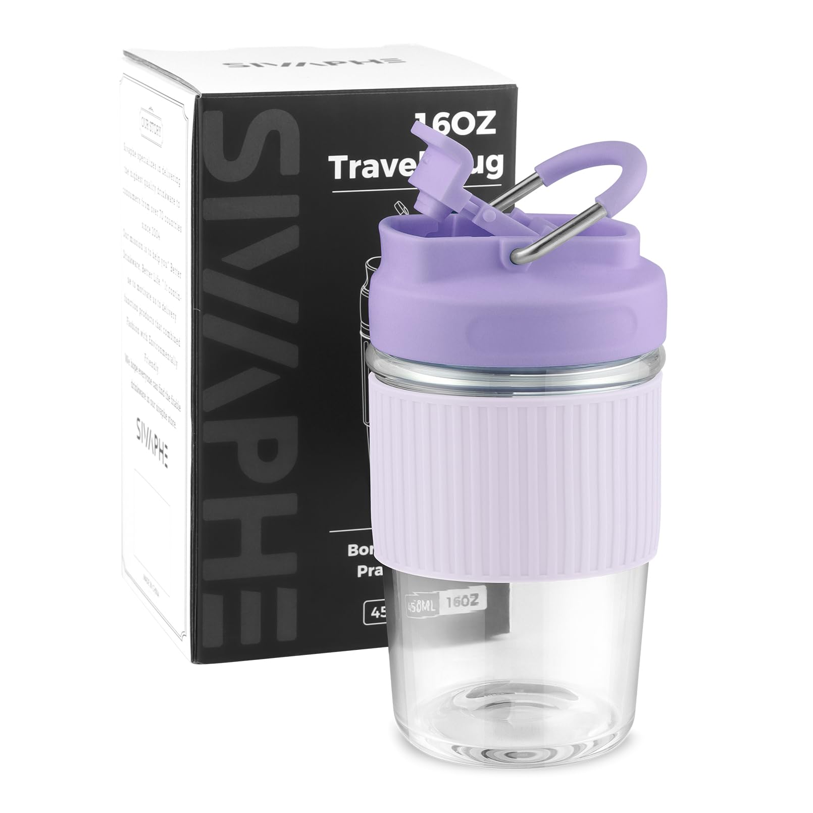 Sivaphe Reusable Glass Coffee Cup with Practical Handle and Silicone Sleeve (Purple, 450ml/16oz)