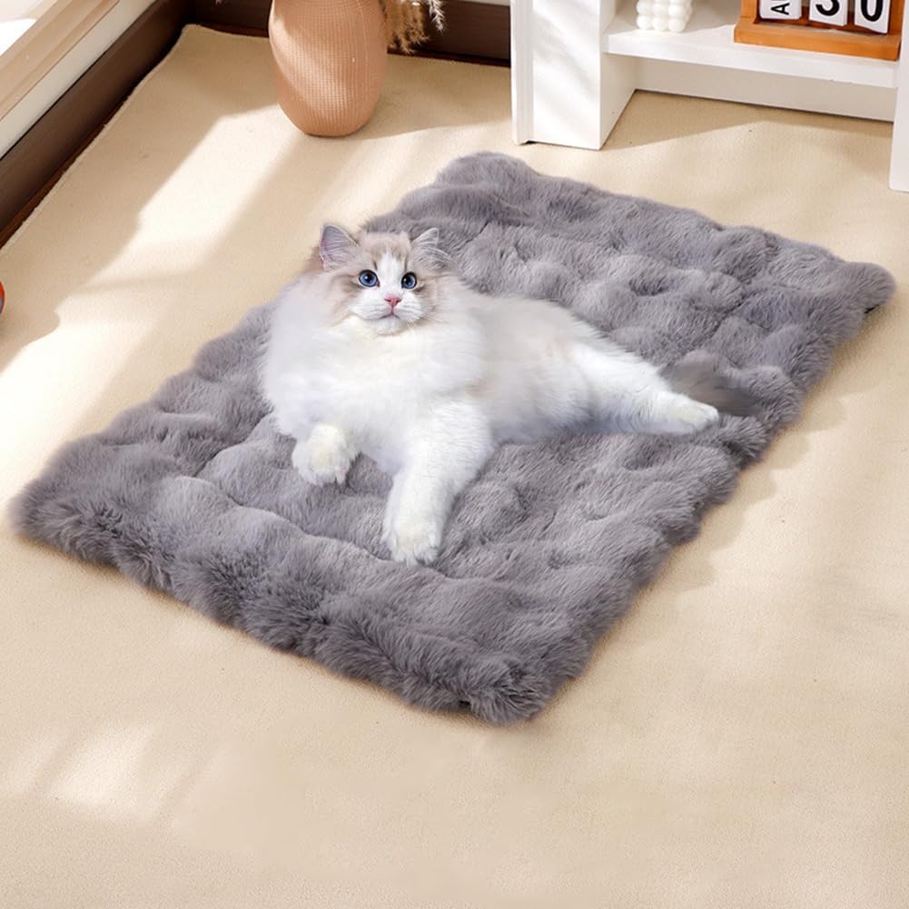 Cat Bed Mat Dog Crate Pads, Cat Beds for Indoor Cats Small Dogs, Plush Pet Bed Mats Faux Fur Dog Crate Mat with Removable Pillow for Cages/Floor/Couch (Grey-with Pillow,XL-27.5 * 47.2 in)