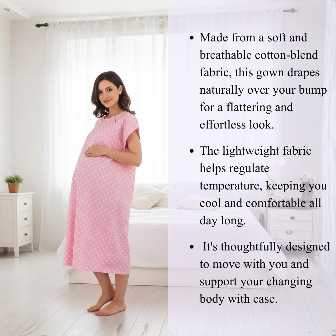 Polka Dot Maternity Labor & Delivery Gown | Cotton Nursing Nightgown for Hospital & Postpartum | S/M, L/XL