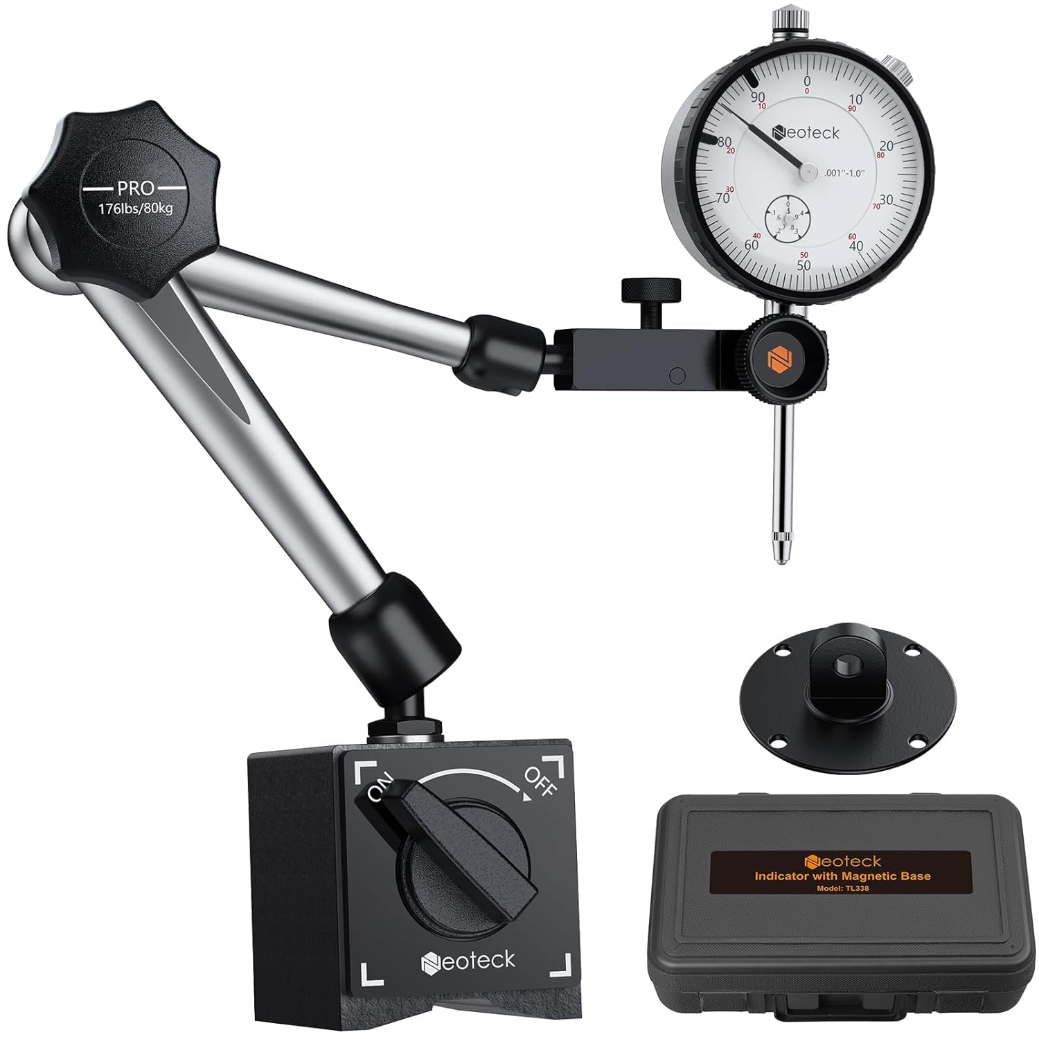 0-1 Inch Dial Indicator with Magnetic Base Holder, Storage Case, Graduation 0.001",176lbs (80kg) Max Pull, for 3D Printer Lathe Workshop Woodworking CNC Machine-Silver