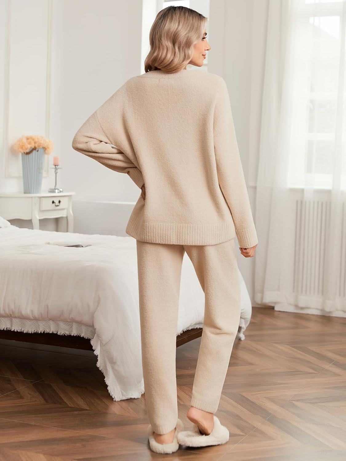 Snuggle Sac Womens Pajama Sets 2 Piece Cozy Winter Fluffy Fuzzy Pajamas V Neck Long Sleeve Lounge Set - Image 5