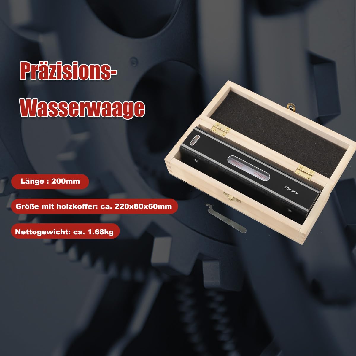 Nivel de burbuja de precisión de 200 mm, con mango aislante y maletín de madera