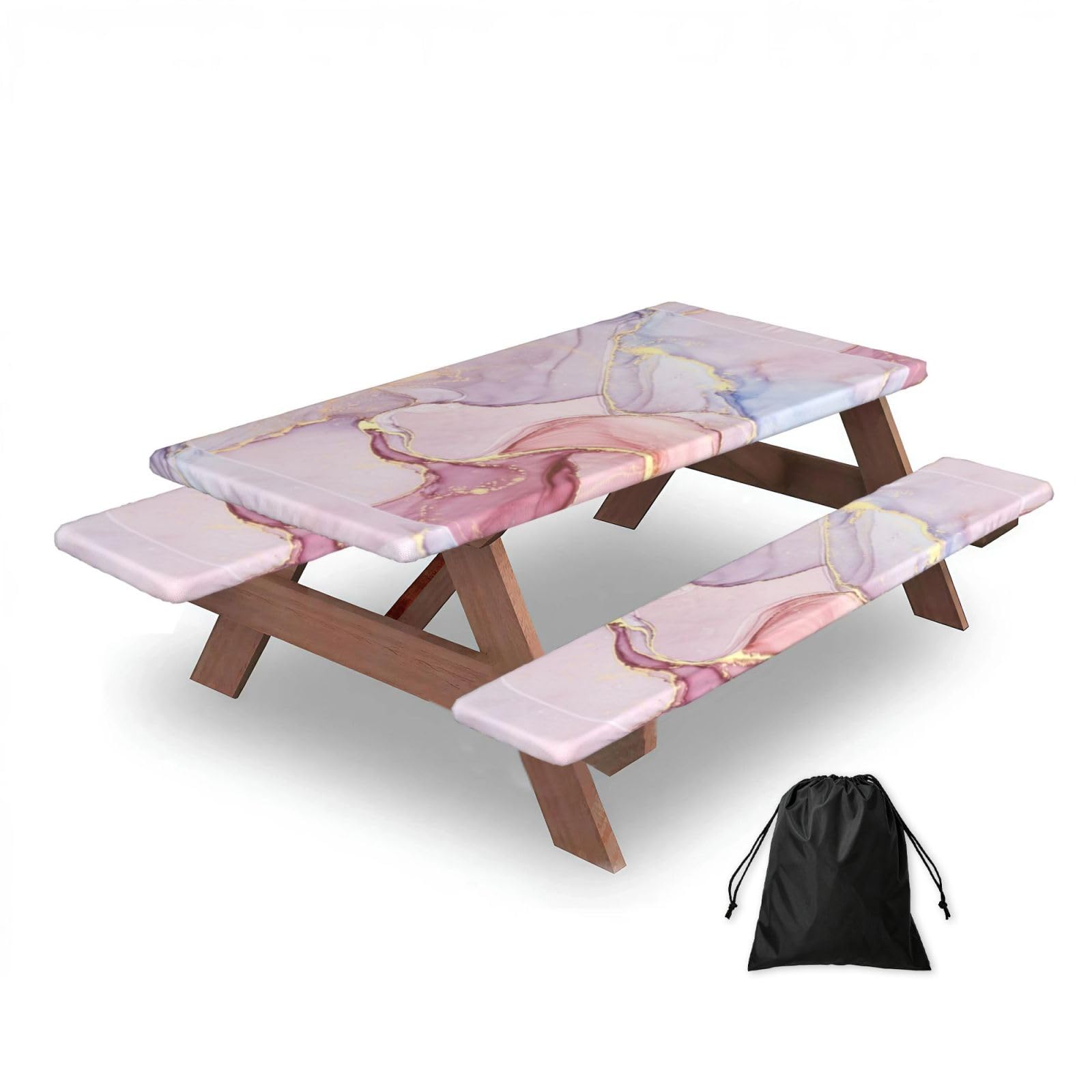 Dopklna As Picture Pink Marble, Picnic Table Cover With Bench Covers -Waterproof Elastic Fitted Tablecloth For Garden Camping Patio 76X152cm