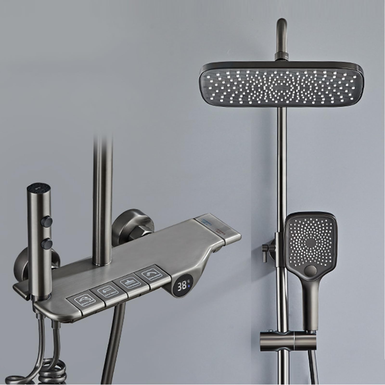 Set Rubinetto Doccia Grigio, Sistema di visualizzazione Digitale, Miscelatore Regolabile in Altezza con soffione a Pioggia 30x20 cm, doccetta a 3 modalità, spruzzatore Bidet a 2 Fu