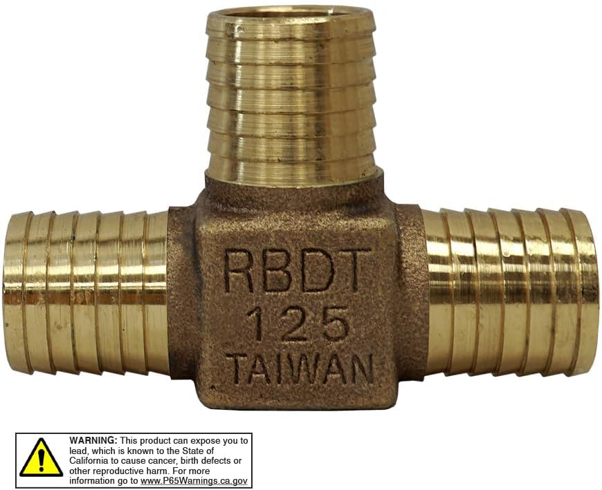 Merrill Mfg RBDTNL125 No Lead Bronze Insert Tee, 1-1/4 in x 1-1/4 in x 1-1/4 in Hose Barb 3-Way Fitting, Construction Grade for Poly Pipe