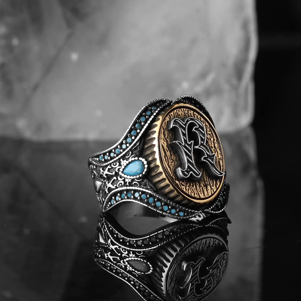 Handmade Personalized Men Silver Ring 925 Solid Sterling Silver Turquoise Stone Men's Ring Handcrafted Customizable Letter Ring Monogram Silver Ring