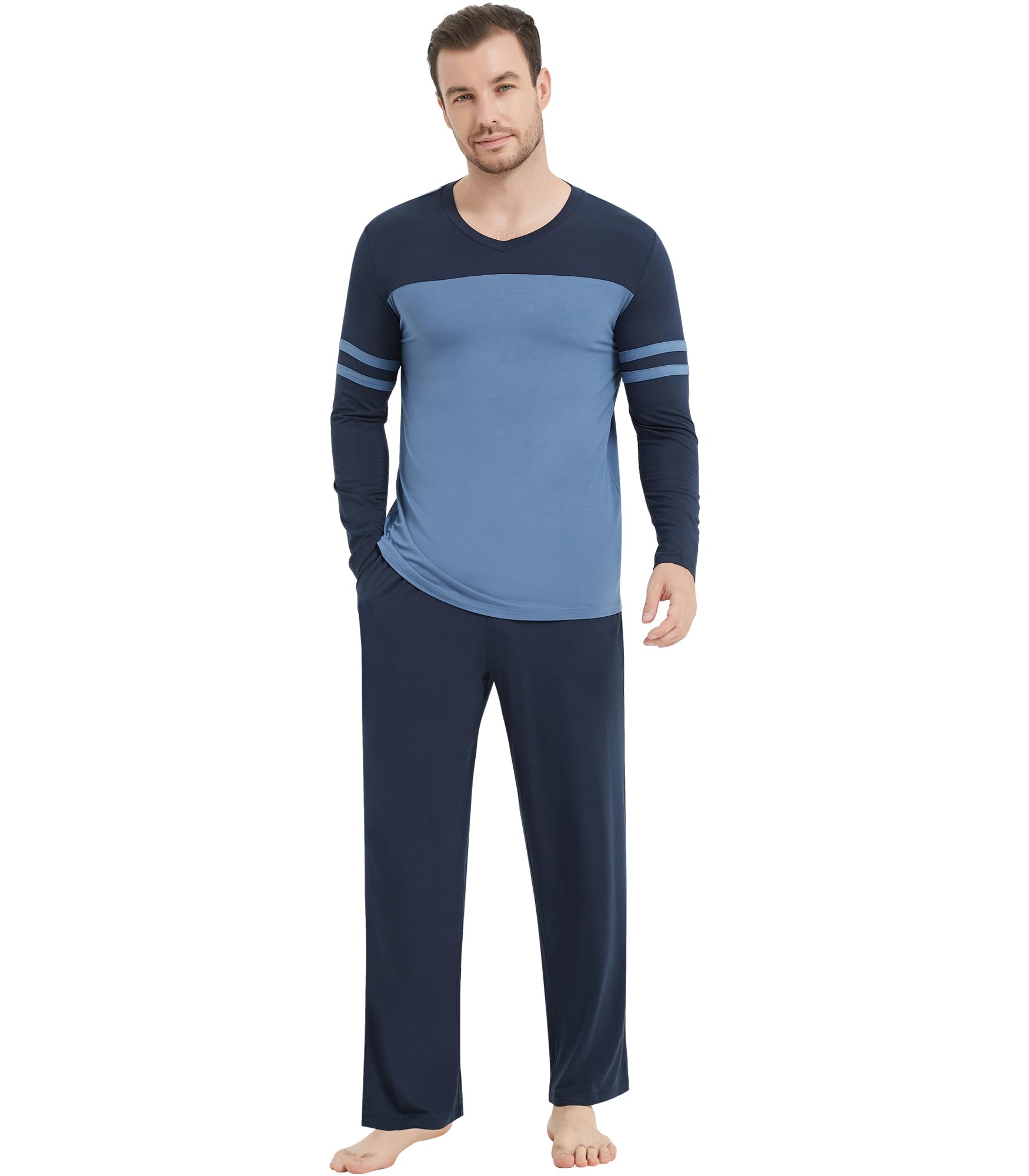 NACHILA Mens Pajamas Set Viscose Made from Bamboo V Neck Top Sleep Pants