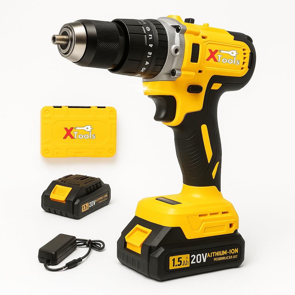 XTOOLS Cordless Power Drill 20V Brushless Motor | 2-Speed Variable Control | Includes 2 Batteries & Fast Charger | Compact & Powerful for Drilling in Wood, Brick, Metal & DIY Projects-image-0